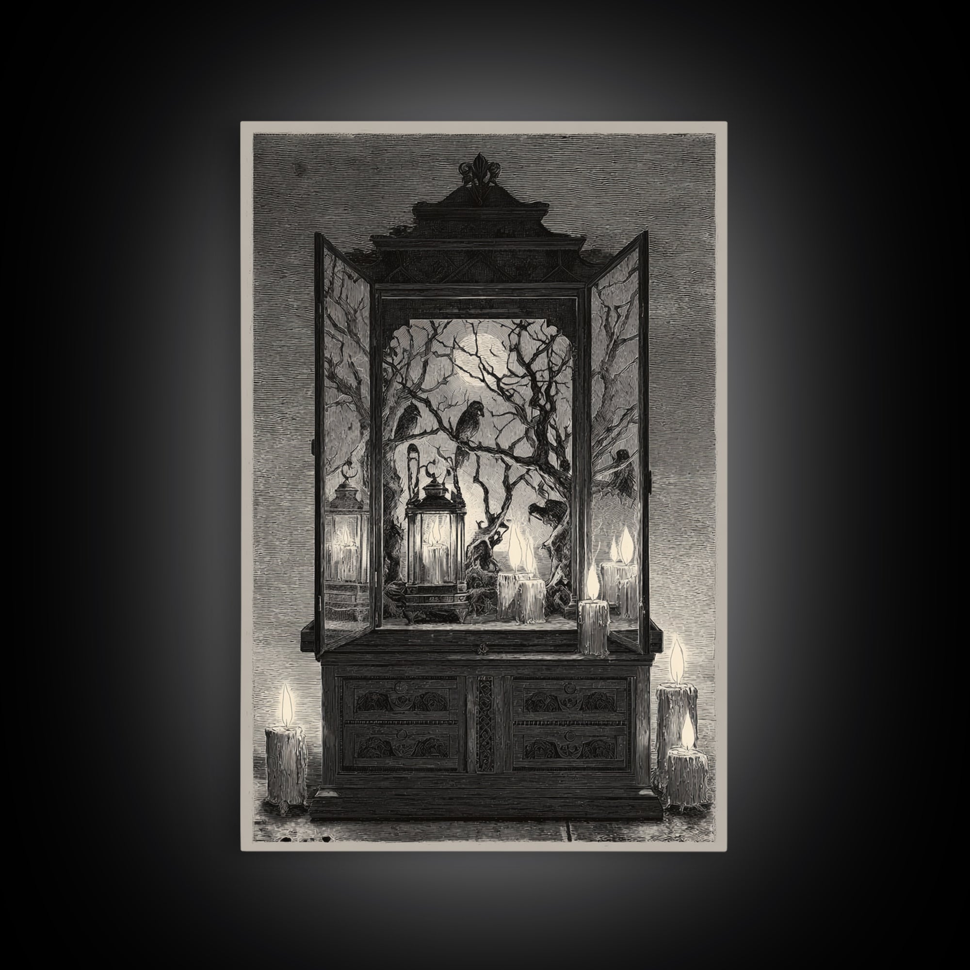 The Monster In The Mirror Cabinet - Procession Scene, Macabre Halloween Art, Vertical Wall Art, Framed Canvas Print, Halloween Home Decor