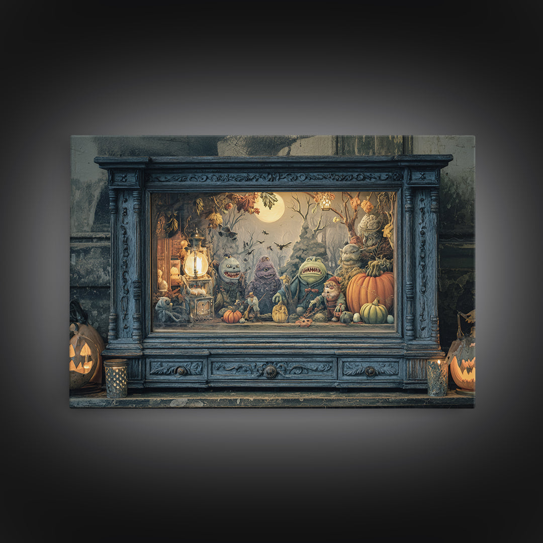 The Monster In The Mirror Cabinet - Procession Scene, Macabre Halloween Art, Landscape Wall Art, Framed Canvas Print, Halloween Home Decor