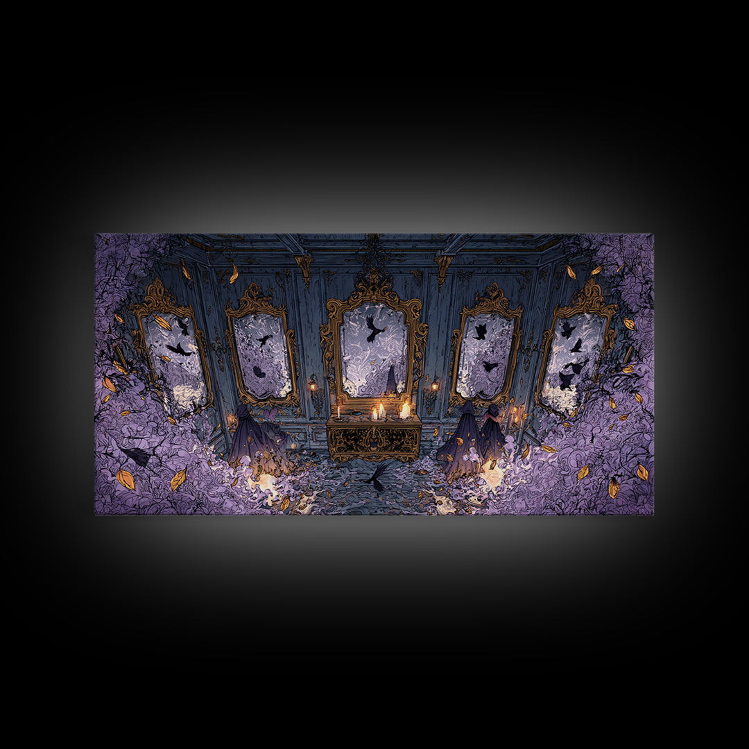 The Monster In The Mirror Cabinet - Procession Scene, Occult Wall Decor, Wide Panoramic Art, Canvas Print, Halloween Home Decor
