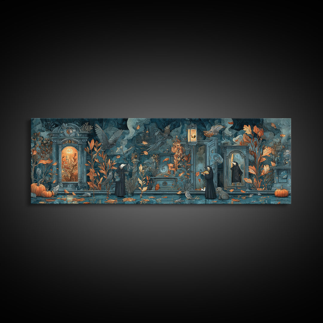 The Monster In The Mirror Cabinet - Procession Scene, Occult Wall Decor, Extra Wide Wall Art, Canvas Print, Halloween Home Decor