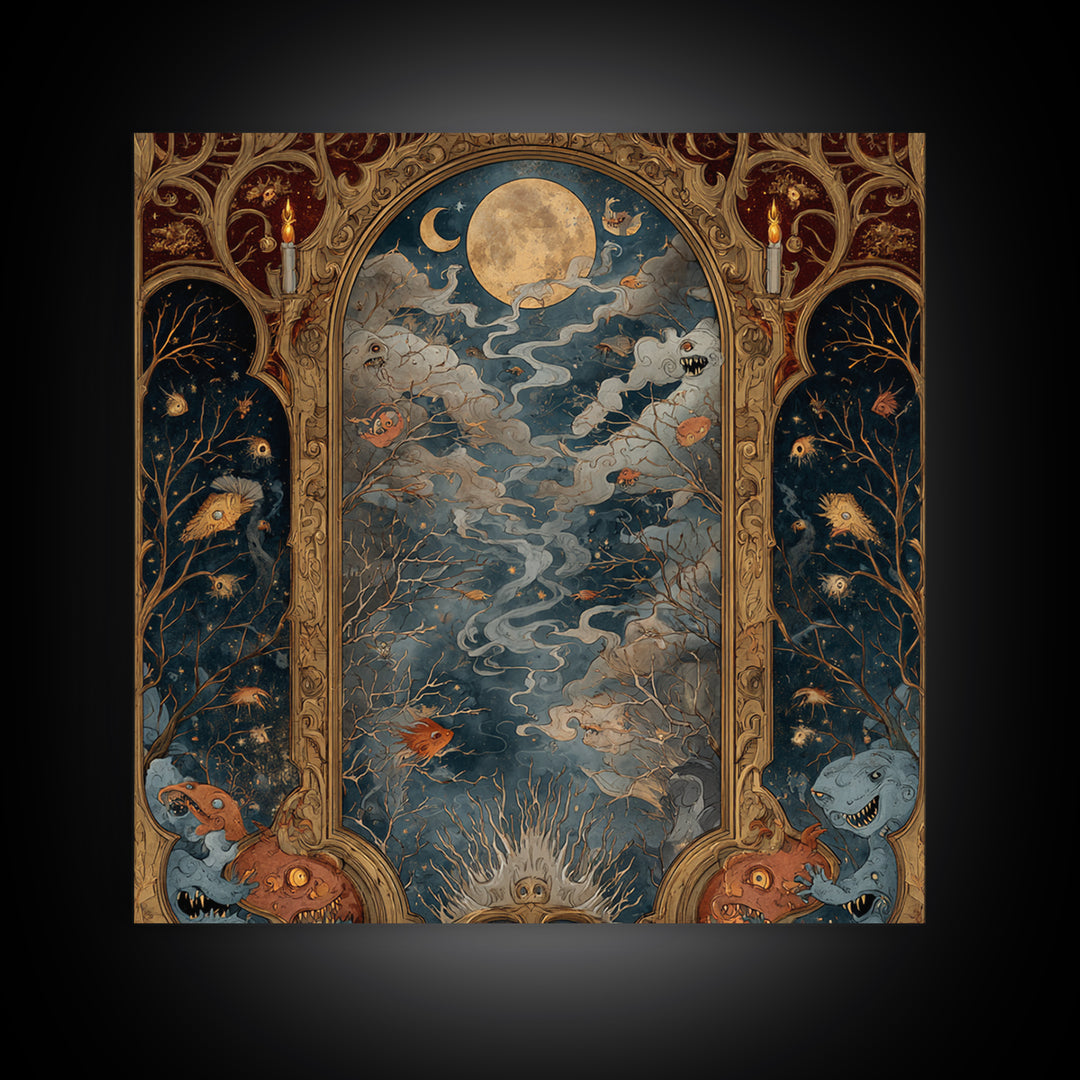 The Monster In The Mirror Cabinet - Surreal Celestial Vision, Macabre Halloween Art, Square Wall Art, Framed Canvas Print, Gothic Wall Art