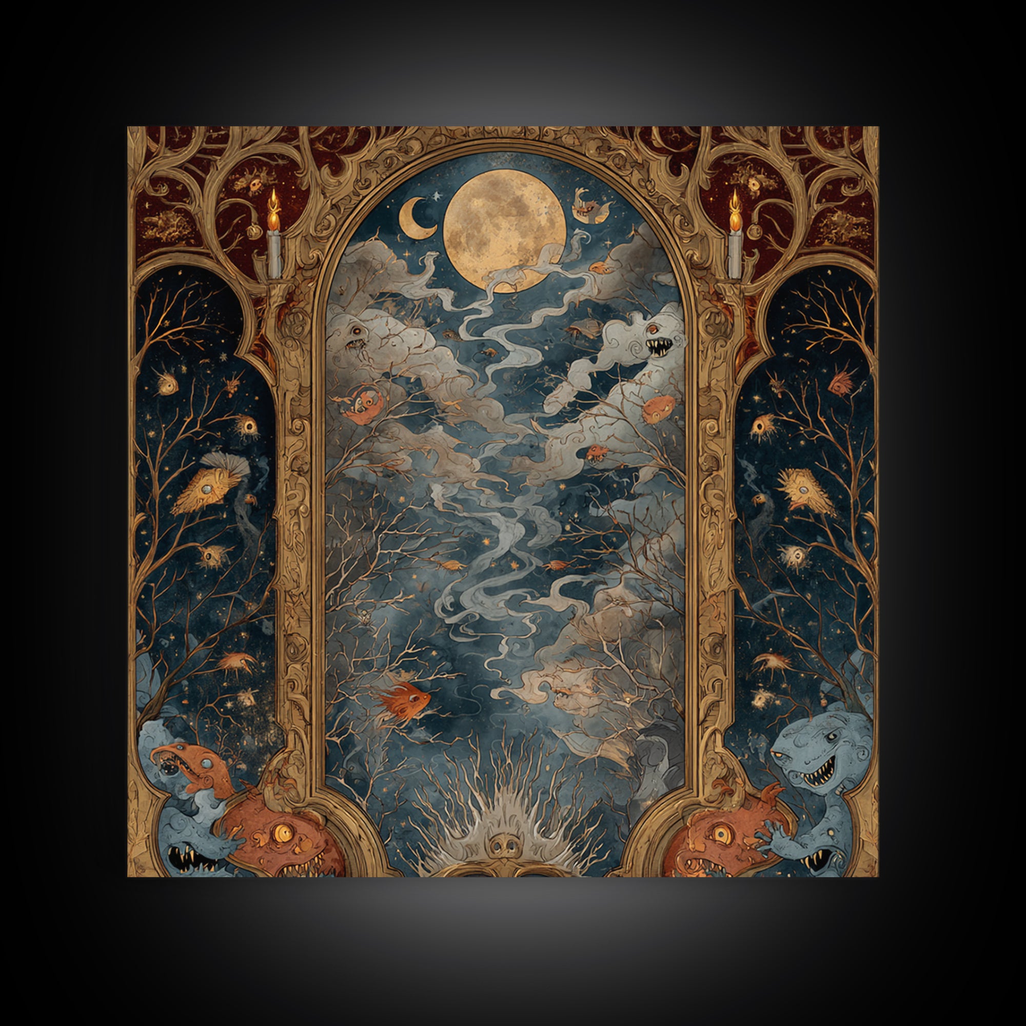 The Monster In The Mirror Cabinet - Surreal Celestial Vision, Macabre Halloween Art, Square Wall Art, Framed Canvas Print, Gothic Wall Art