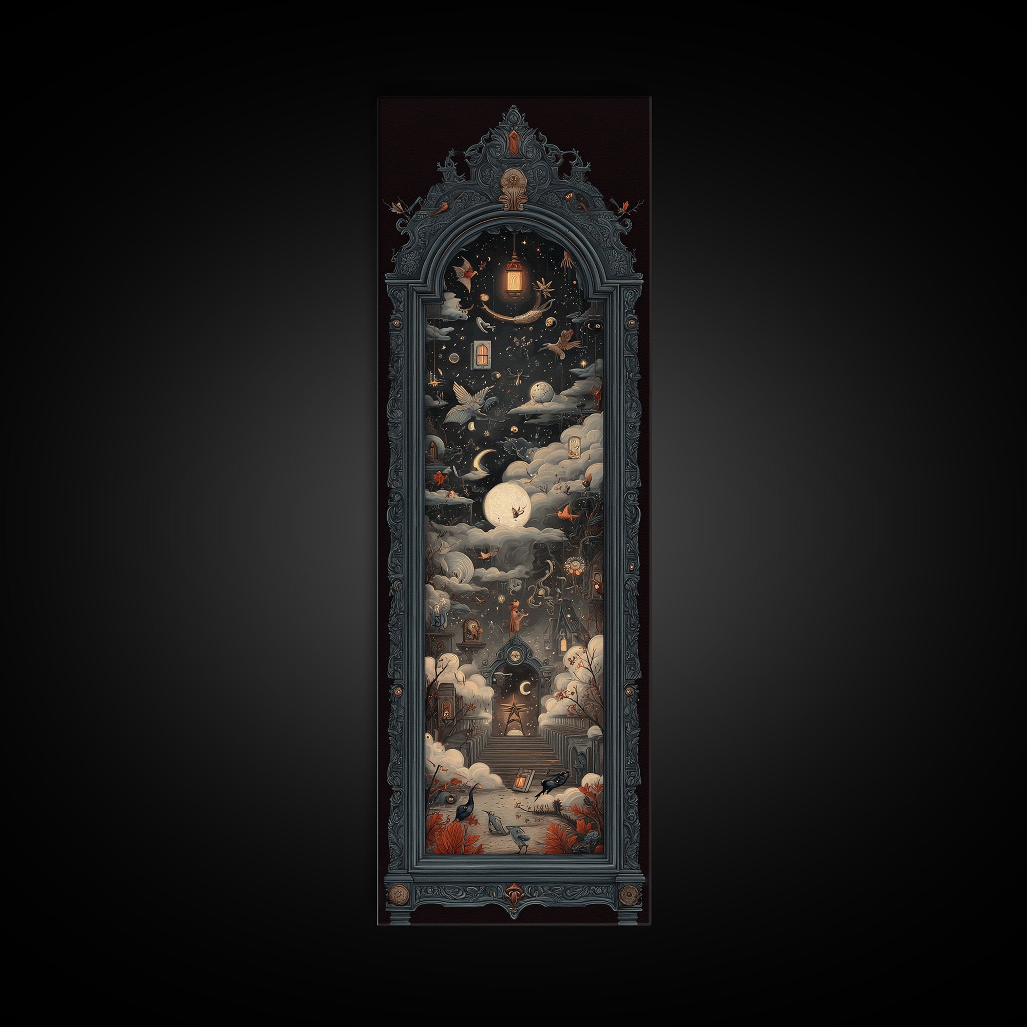 The Monster In The Mirror Cabinet - Surreal Celestial Vision, Dark Fantasy Wall Art, Tall Narrow Wall Art, Canvas Print, Gothic Wall Art