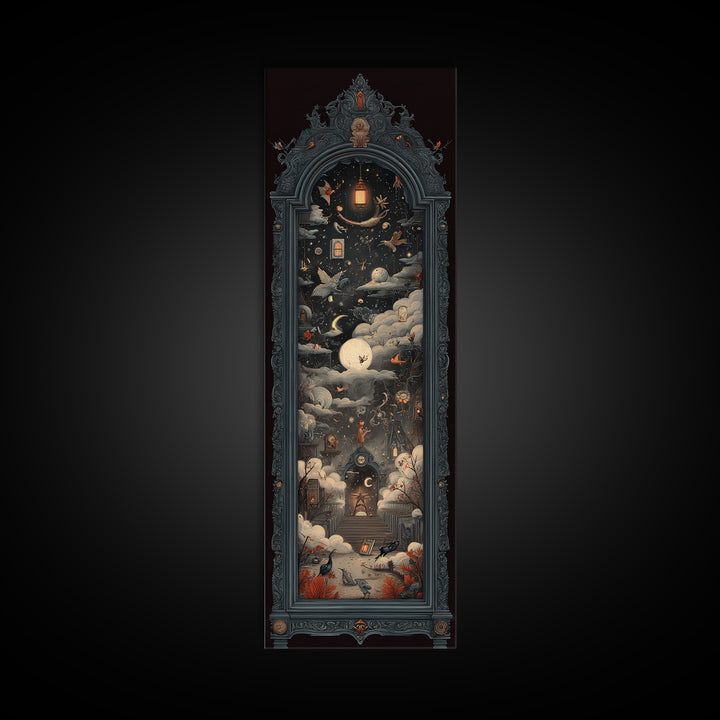 The Monster In The Mirror Cabinet - Surreal Celestial Vision, Dark Fantasy Wall Art, Tall Narrow Wall Art, Canvas Print, Gothic Wall Art