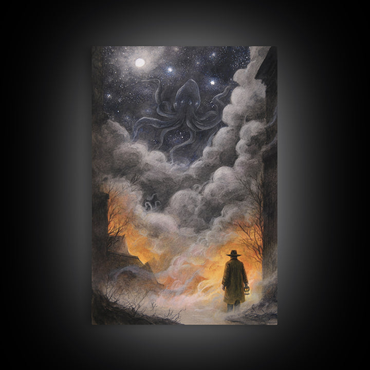The Lantern-Bearer Of R’Lyeh, Occult Wall Decor, Vertical Wall Art, Framed Canvas Print, Halloween Home Decor, Gothic Wall Art