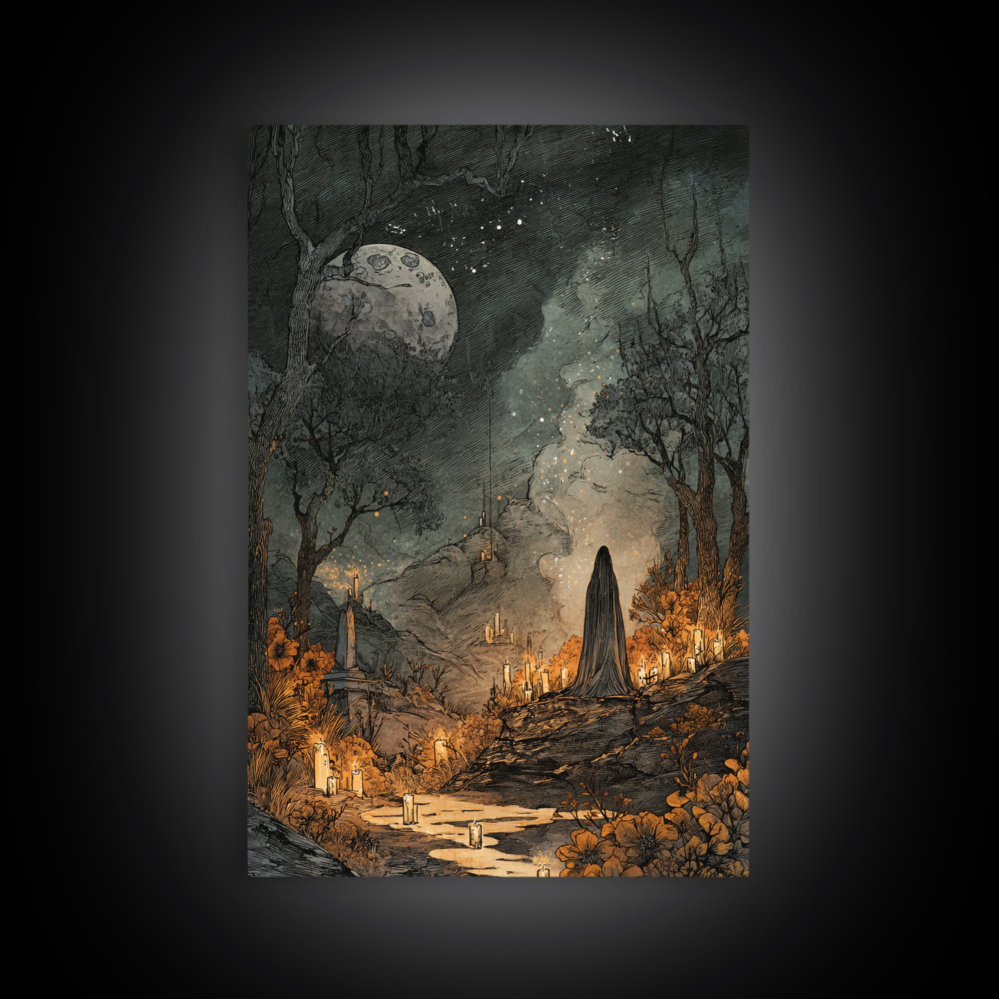 The Bride Of The Abyssal Moon, Macabre Halloween Art, Vertical Wall Art, Framed Canvas Print, Halloween Home Decor, Gothic Wall Art
