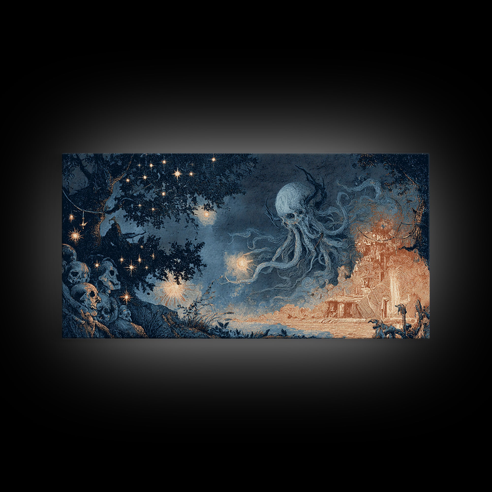 The Bellringer Of The Sunken Cathedral, Spooky Wall Decor, Wide Panoramic Art, Framed Canvas Print, Halloween Home Decor, Gothic Wall Art