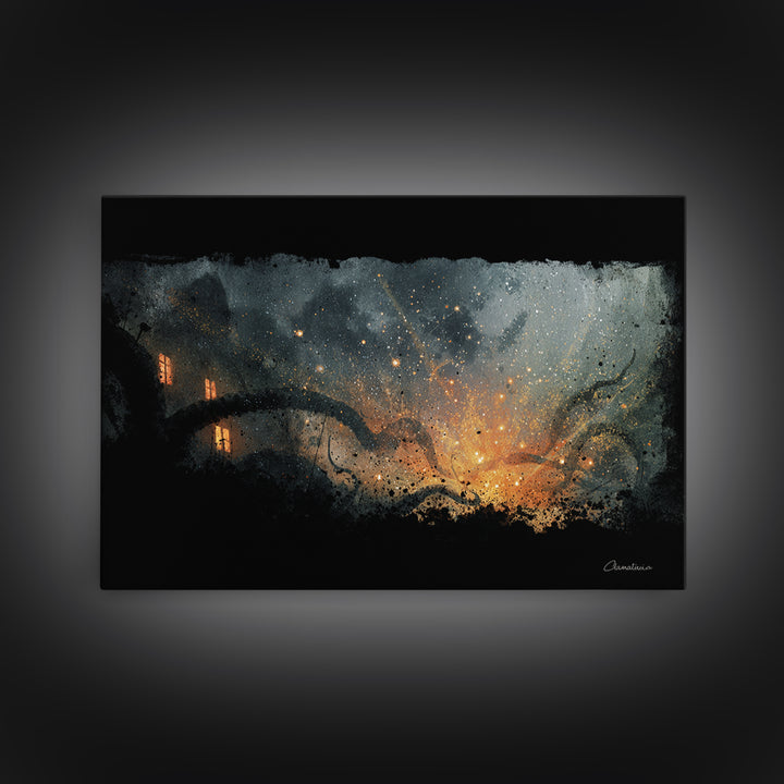 The Crawler Beneath The Floor Of Stars, Spooky Wall Decor, Landscape Wall Art, Framed Canvas Print, Halloween Home Decor, Gothic Wall Art
