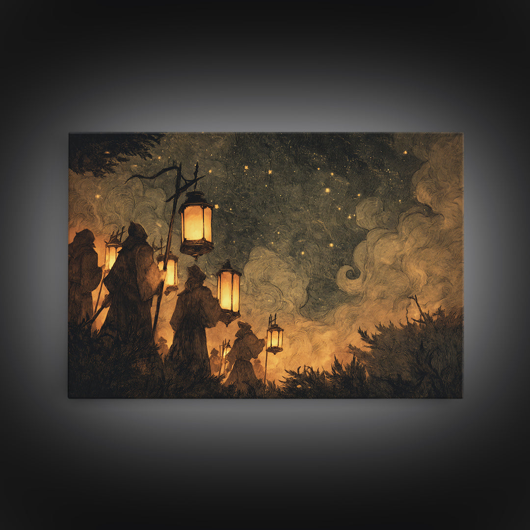 The Innsmouth Lantern Procession, Lovecraftian Wall Art, Landscape Wall Art, Framed Canvas Print, Halloween Home Decor, Gothic Wall Art