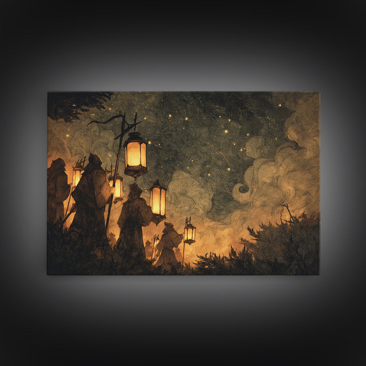The Innsmouth Lantern Procession, Lovecraftian Wall Art, Landscape Wall Art, Framed Canvas Print, Halloween Home Decor, Gothic Wall Art
