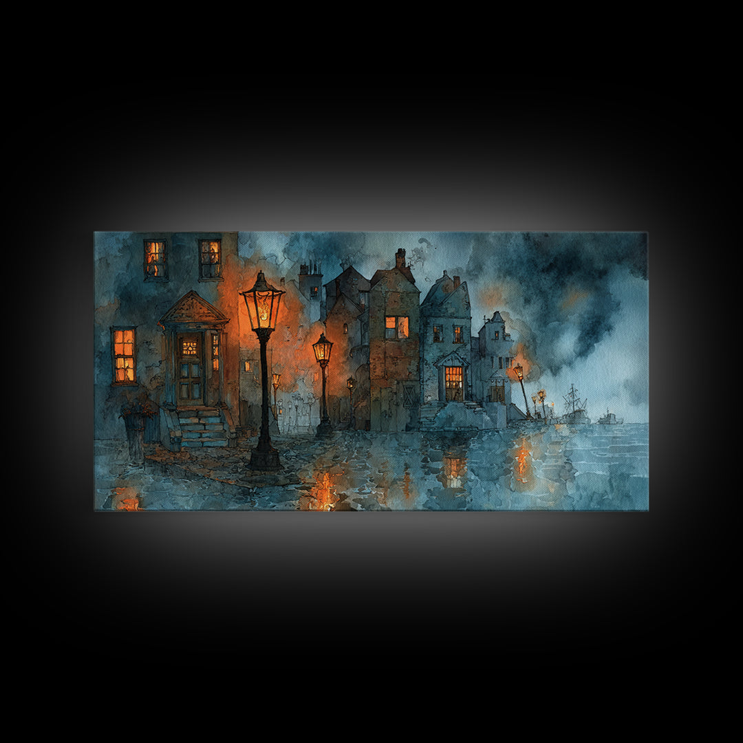 The Innsmouth Lantern Procession, Occult Wall Decor, Wide Panoramic Art, Framed Canvas Print, Halloween Home Decor, Gothic Wall Art
