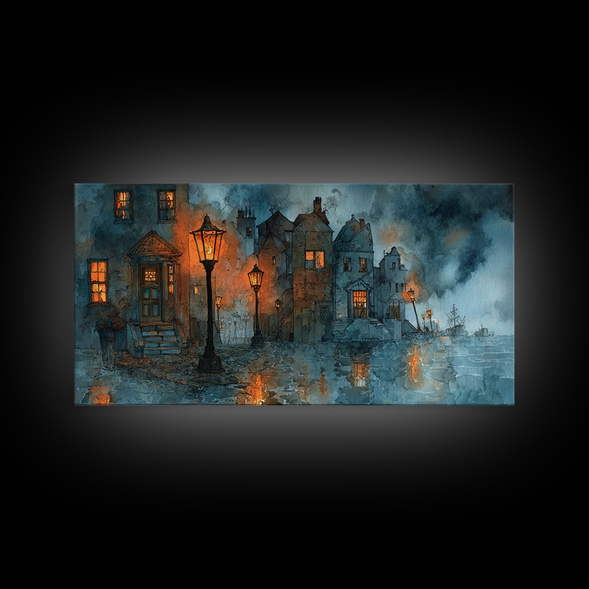 The Innsmouth Lantern Procession, Occult Wall Decor, Wide Panoramic Art, Framed Canvas Print, Halloween Home Decor, Gothic Wall Art