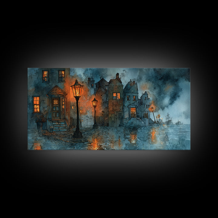 The Innsmouth Lantern Procession, Occult Wall Decor, Wide Panoramic Art, Framed Canvas Print, Halloween Home Decor, Gothic Wall Art