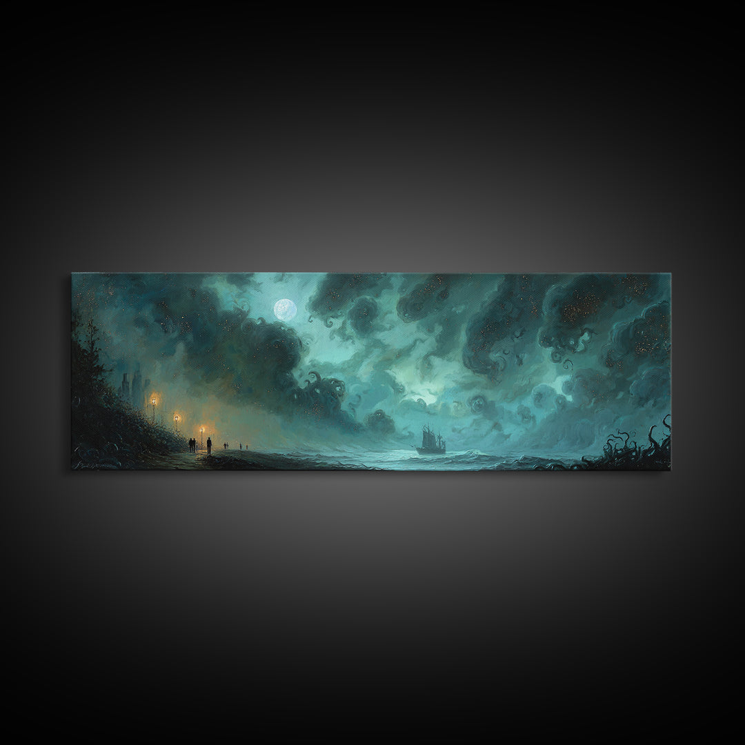 The Innsmouth Lantern Procession, Eldritch Wall Art, Extra Wide Wall Art, Framed Canvas Print, Halloween Home Decor, Gothic Wall Art