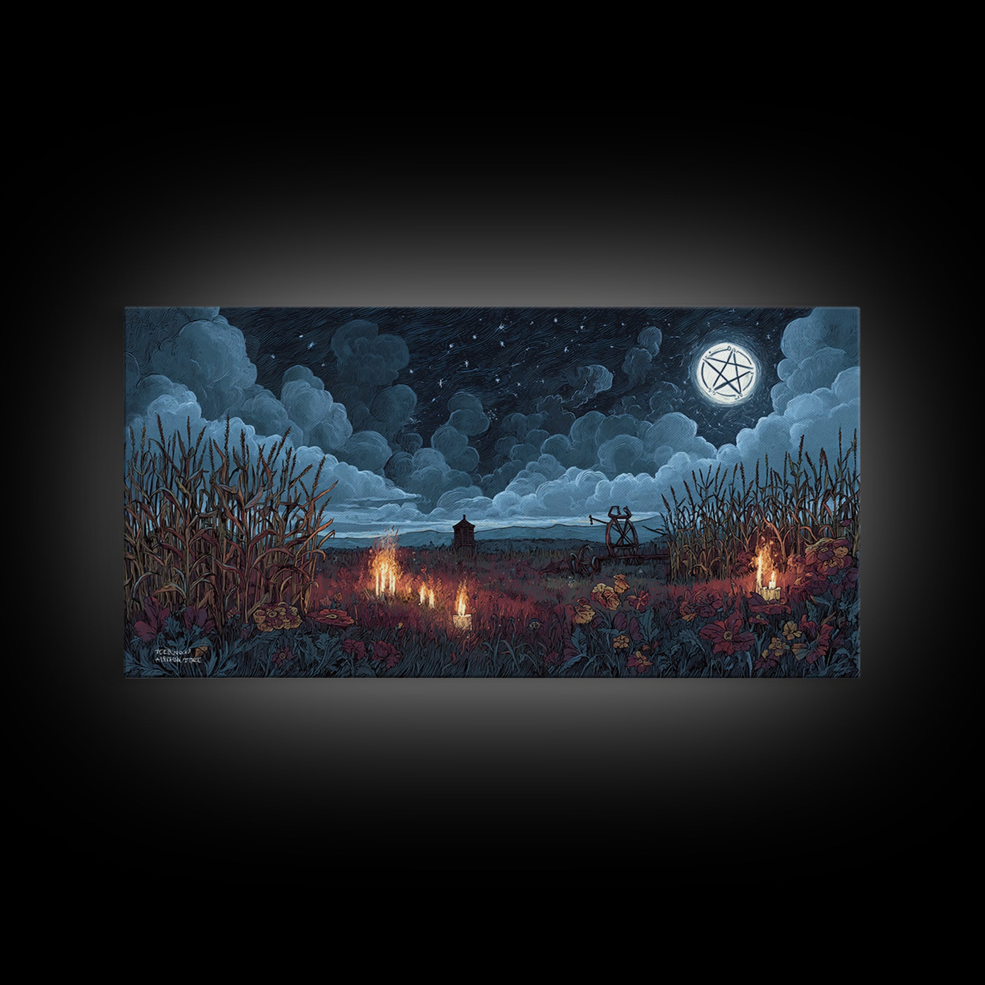 The Harvest Of The Eldritch Field, Occult Wall Decor, Wide Panoramic Art, Framed Canvas Print, Halloween Home Decor, Gothic Wall Art