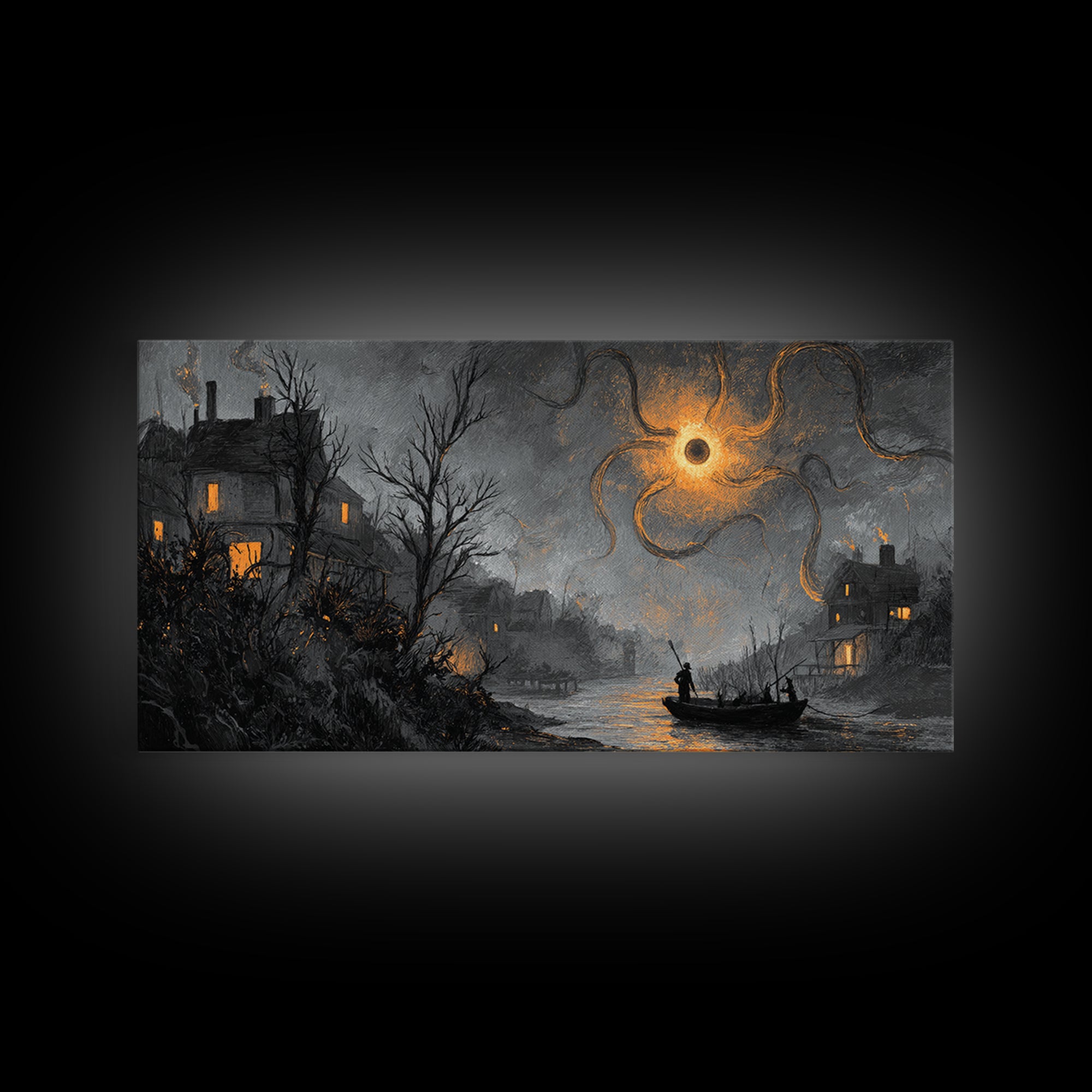 The Ferryman Of The Outer Marsh, Dark Fantasy Wall Art, Wide Panoramic Art, Canvas Print, Halloween Home Decor, Gothic Wall Art