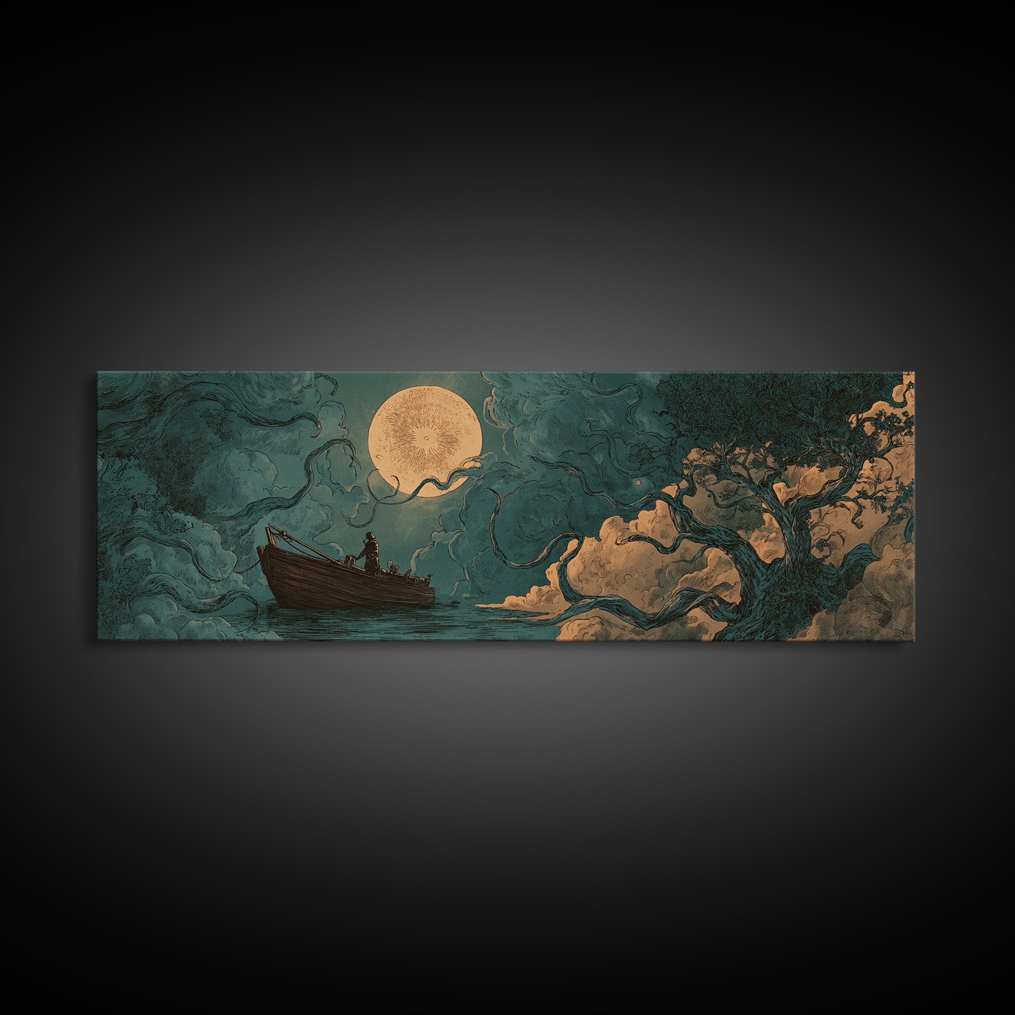 The Ferryman Of The Outer Marsh, Spooky Wall Decor, Extra Wide Wall Art, Framed Canvas Print, Halloween Home Decor, Gothic Wall Art