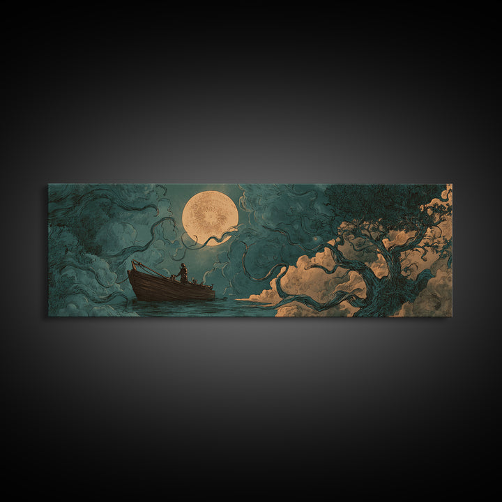 The Ferryman Of The Outer Marsh, Spooky Wall Decor, Extra Wide Wall Art, Framed Canvas Print, Halloween Home Decor, Gothic Wall Art