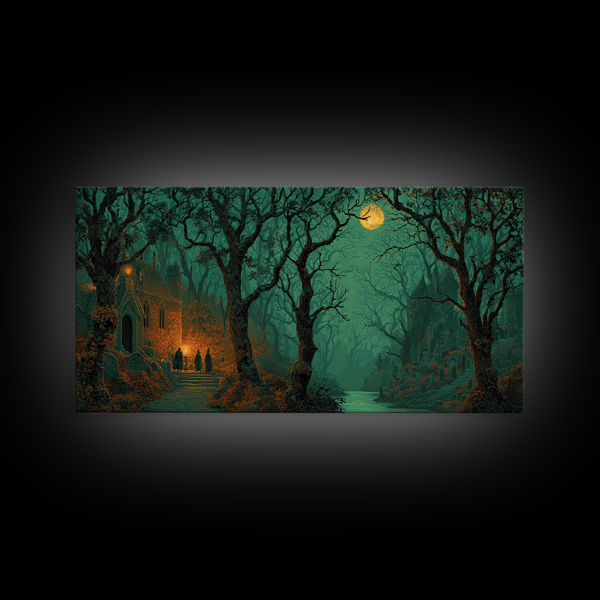 The Grave Gardener Of Yuggoth, Macabre Halloween Art, Wide Panoramic Art, Framed Canvas Print, Halloween Home Decor, Gothic Wall Art
