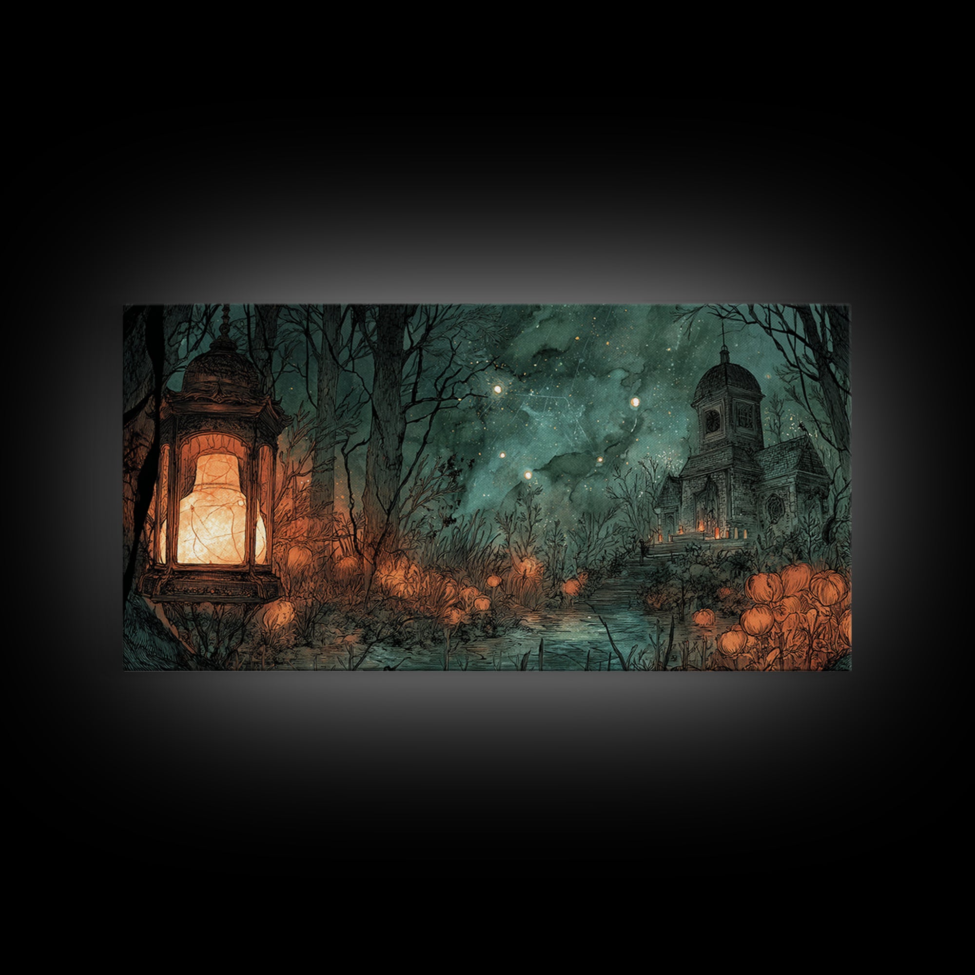 The Lantern Market Beyond The Veil, Eldritch Wall Art, Wide Panoramic Art, Canvas Print, Halloween Home Decor, Gothic Wall Art