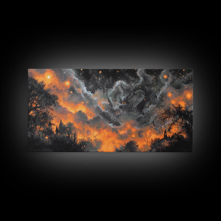 The Moth Prophet Of Kadath, Spooky Wall Decor, Wide Panoramic Art, Framed Canvas Print, Halloween Home Decor, Gothic Wall Art