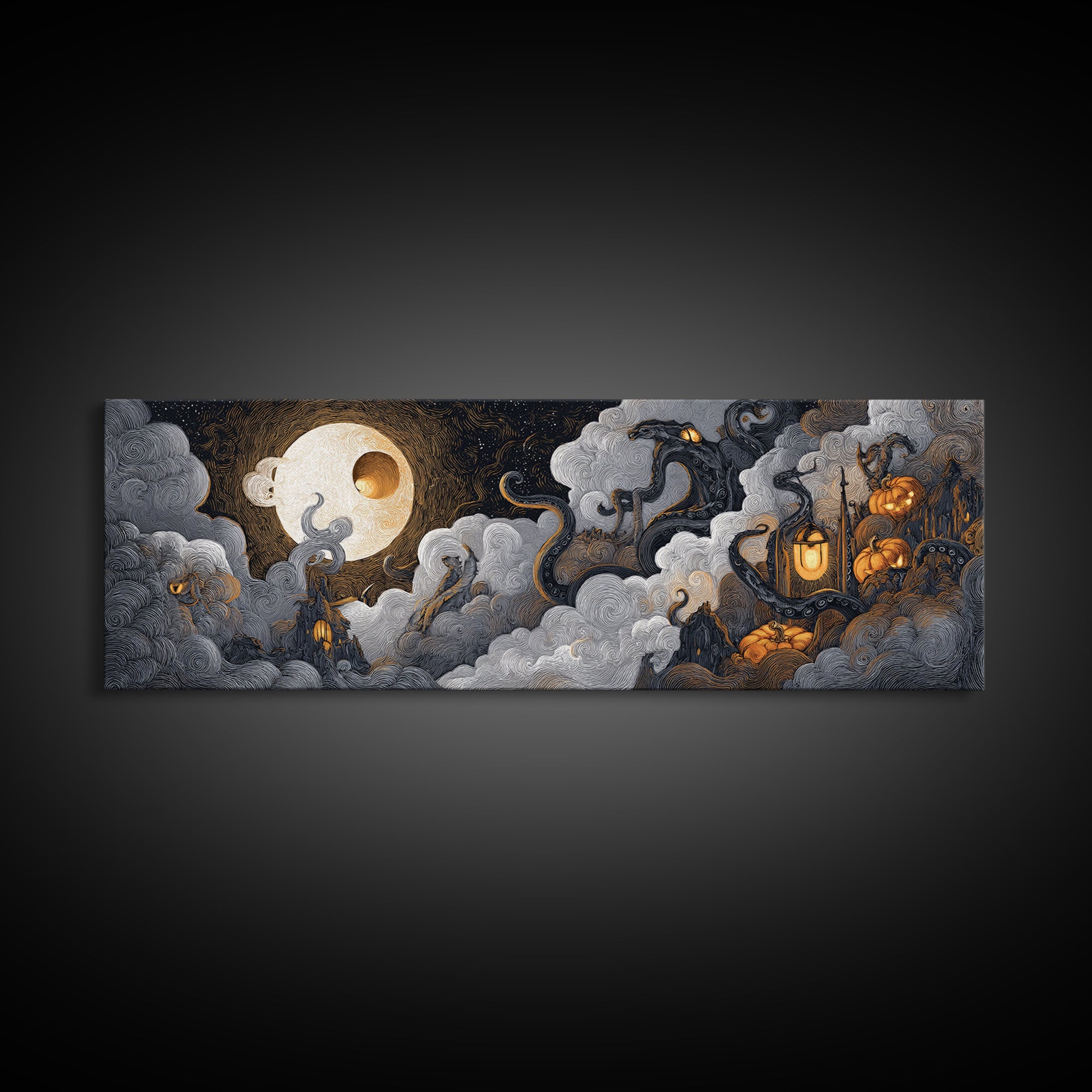 The Moonlit Shoggoth Menagerie, Macabre Halloween Art, Extra Wide Wall Art, Framed Canvas Print, Halloween Home Decor, Gothic Wall Art