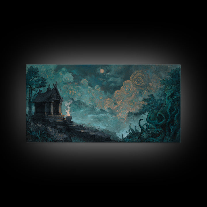 The Custodian Of The Whispering Idol, Cosmic Horror Decor, Wide Panoramic Art, Canvas Print, Halloween Home Decor, Gothic Wall Art