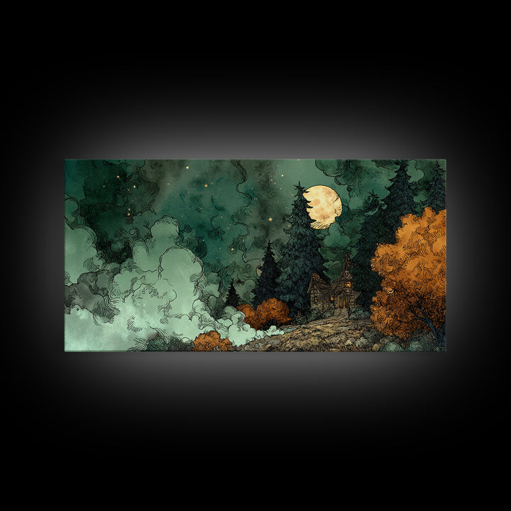 The Children Of The Star Orchard, Cosmic Horror Decor, Wide Panoramic Art, Canvas Print, Halloween Home Decor, Gothic Wall Art