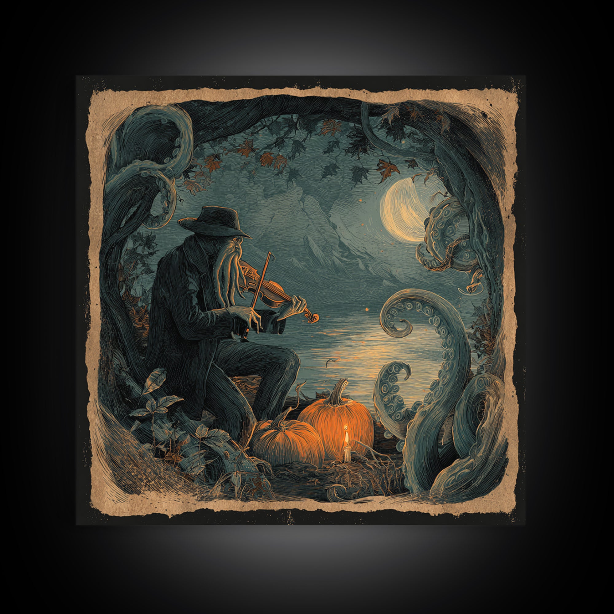 The Violinist Of The Drowned Moon, Macabre Halloween Art, Square Wall Art, Canvas Print, Halloween Home Decor, Gothic Wall Art
