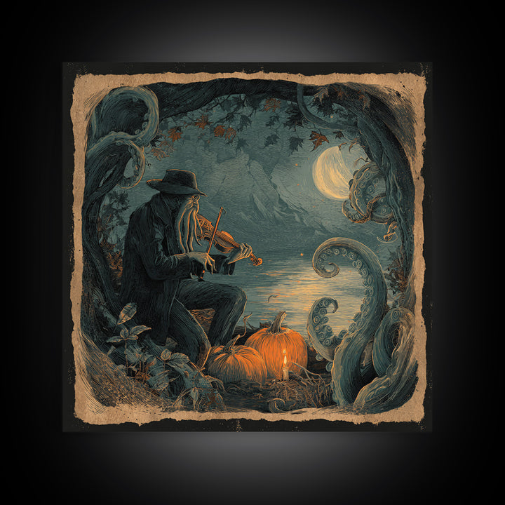 The Violinist Of The Drowned Moon, Macabre Halloween Art, Square Wall Art, Canvas Print, Halloween Home Decor, Gothic Wall Art