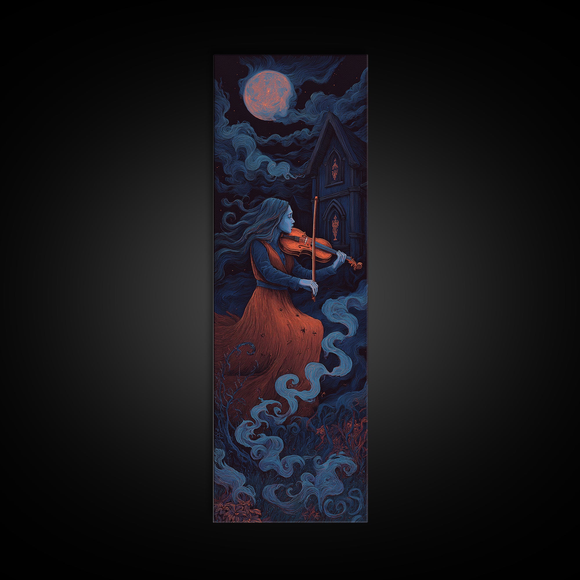 The Violinist Of The Drowned Moon, Macabre Halloween Art, Tall Narrow Wall Art, Canvas Print, Halloween Home Decor, Gothic Wall Art