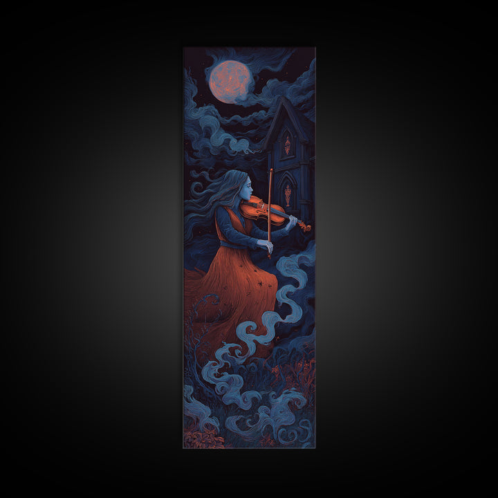 The Violinist Of The Drowned Moon, Macabre Halloween Art, Tall Narrow Wall Art, Canvas Print, Halloween Home Decor, Gothic Wall Art