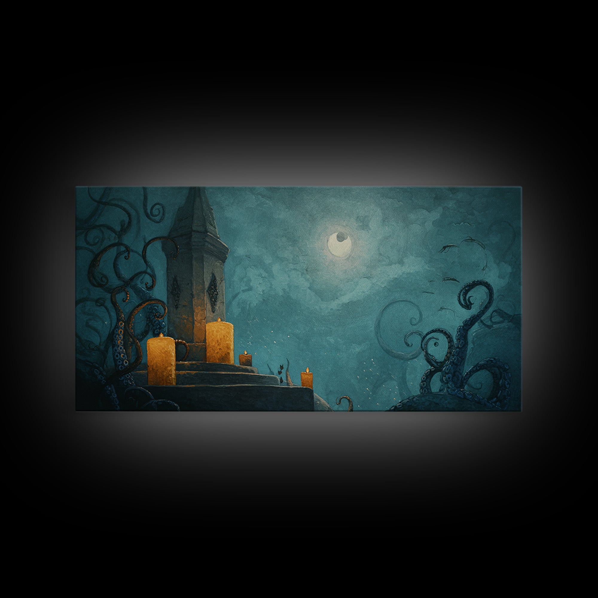 The Candelit Ark Of Forgotten Stars, Gothic Home Decor, Wide Panoramic Art, Framed Canvas Print, Halloween Home Decor, Gothic Wall Art