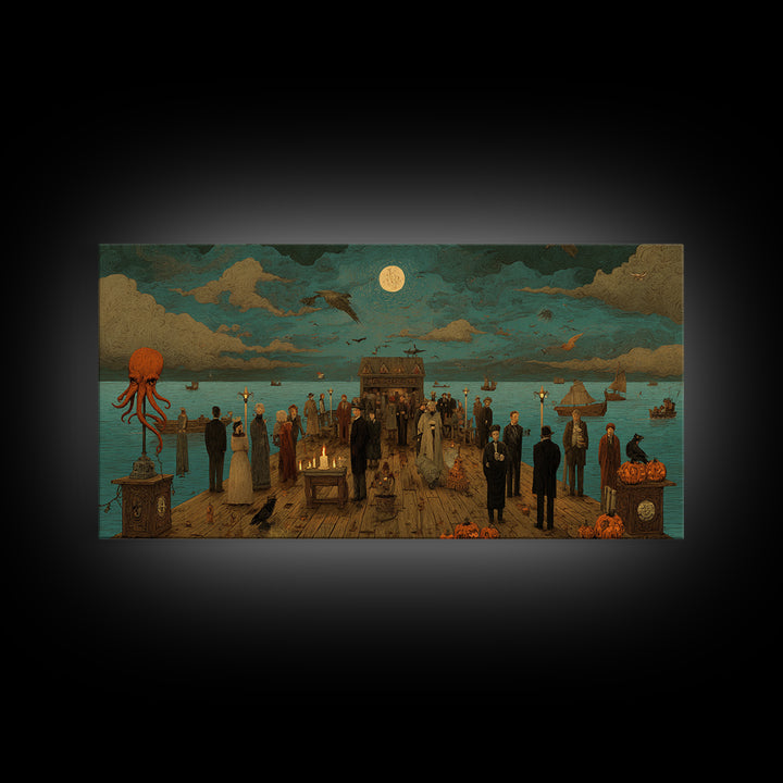 The Tea Party At Innsmouth Pier, Macabre Halloween Art, Wide Panoramic Art, Canvas Print, Halloween Home Decor, Gothic Wall Art