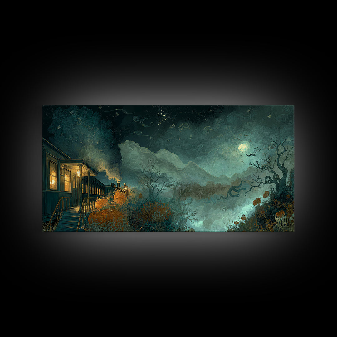 The Phantom Train To Kadath, Dark Fantasy Wall Art, Wide Panoramic Art, Canvas Print, Halloween Home Decor, Gothic Wall Art, Horror Wall Art