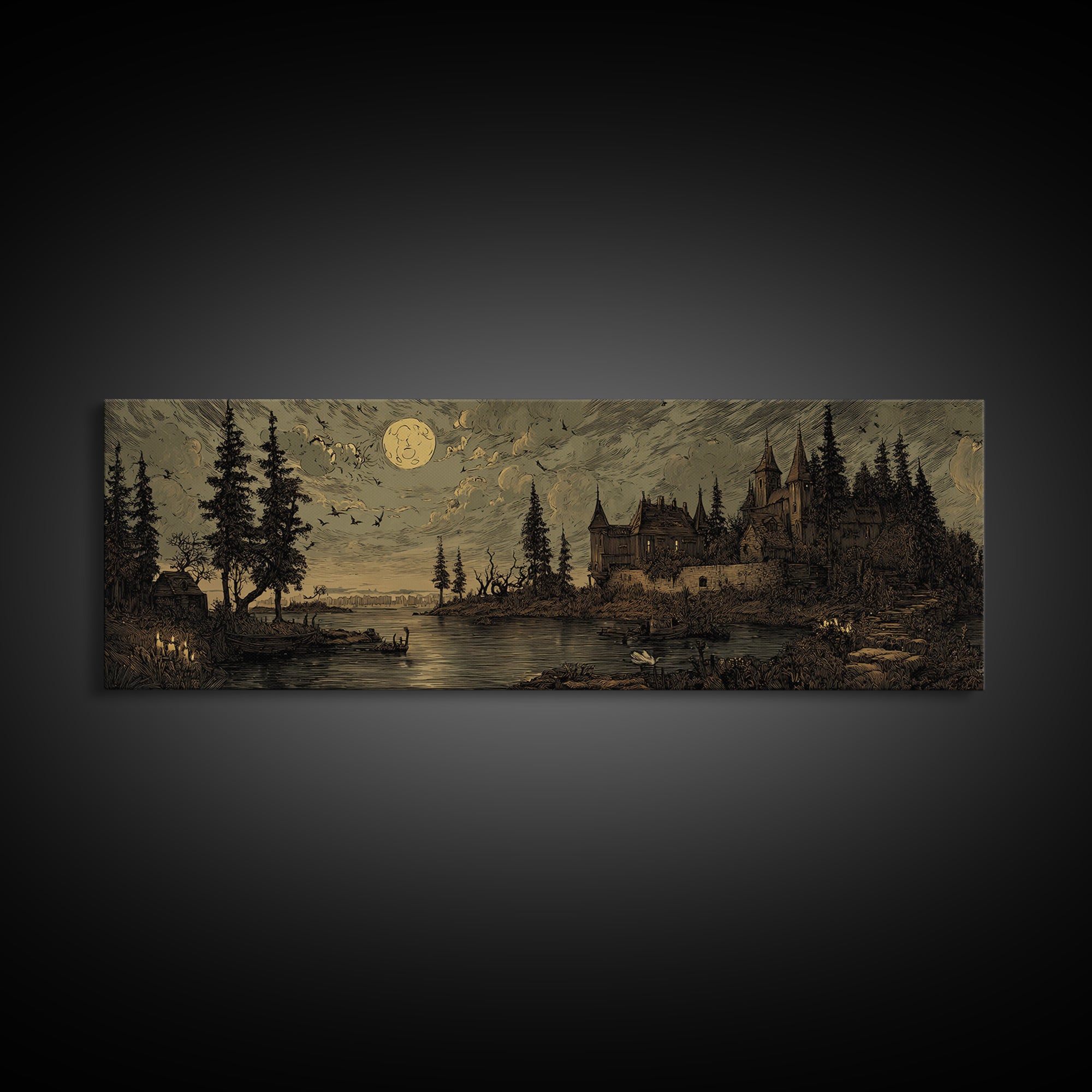 The Garden Of The Eyeless Moon, Macabre Halloween Art, Extra Wide Wall Art, Canvas Print, Halloween Home Decor, Gothic Wall Art
