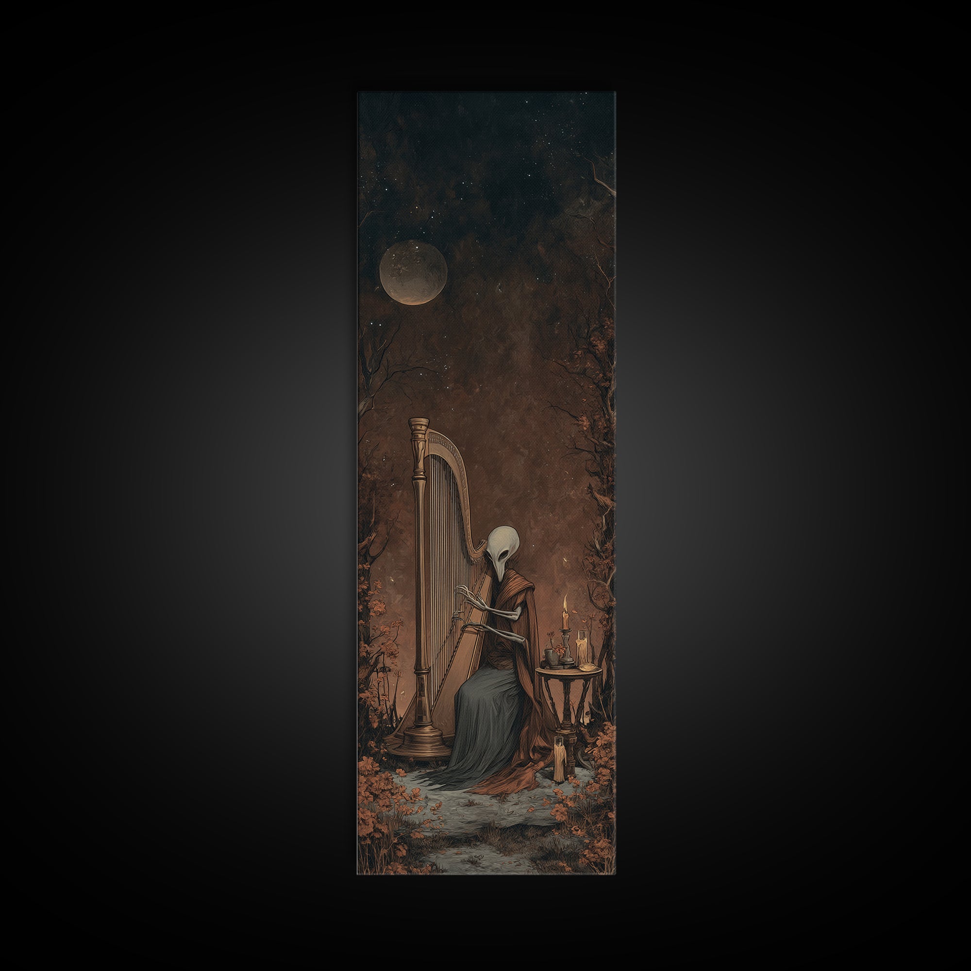 The Harpist Of Abyssal Sleep, Lovecraftian Wall Art, Tall Narrow Wall Art, Framed Canvas Print, Halloween Home Decor, Gothic Wall Art