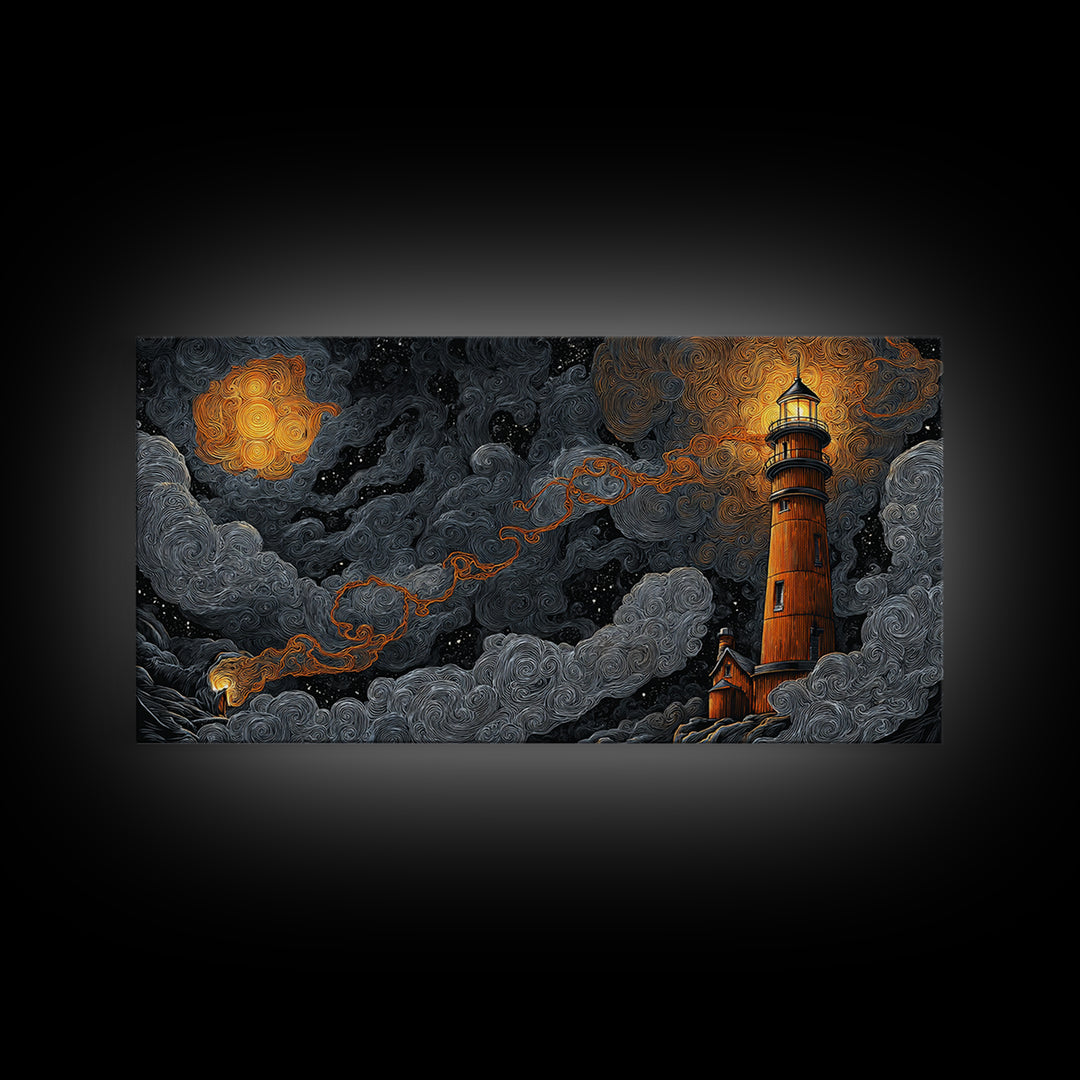 The Last Lighthouse Of Y’Ha-Nthlei, Dark Fantasy Wall Art, Wide Panoramic Art, Framed Canvas Print, Halloween Home Decor, Gothic Wall Art