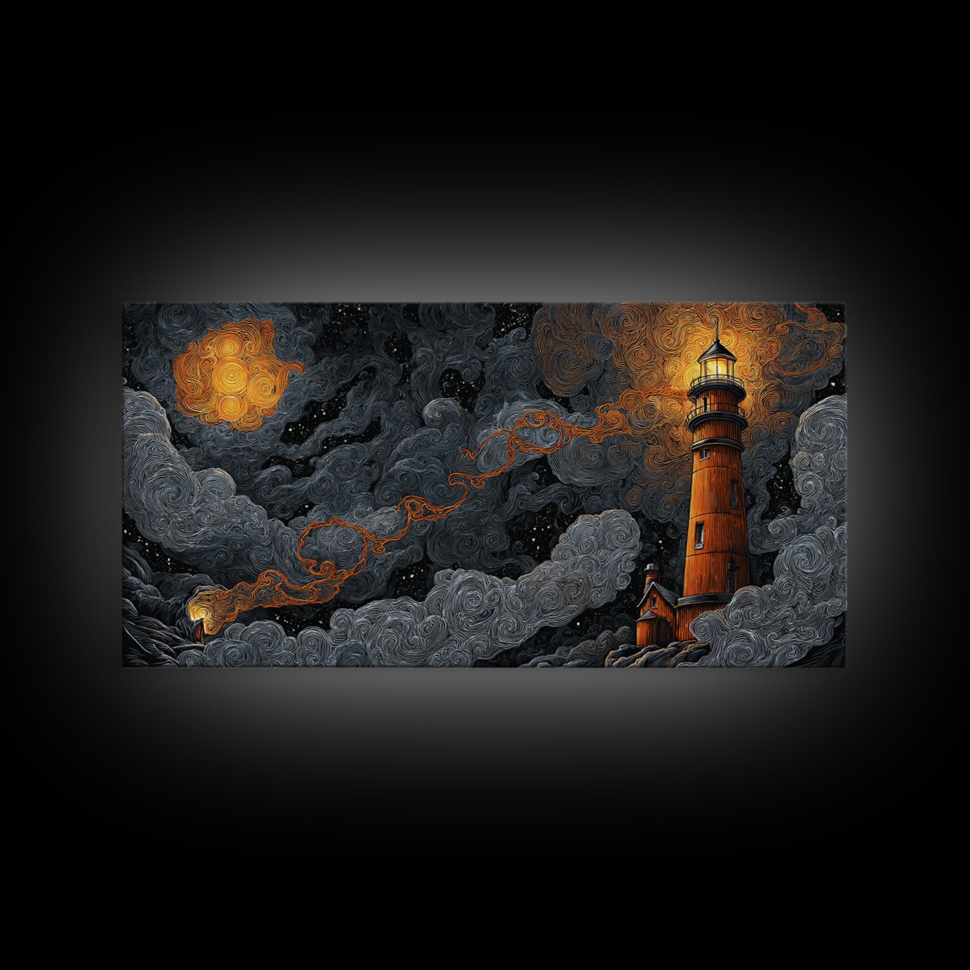 The Last Lighthouse Of Y’Ha-Nthlei, Dark Fantasy Wall Art, Wide Panoramic Art, Framed Canvas Print, Halloween Home Decor, Gothic Wall Art