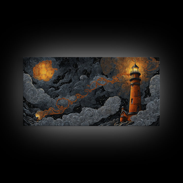 The Last Lighthouse Of Y’Ha-Nthlei, Dark Fantasy Wall Art, Wide Panoramic Art, Framed Canvas Print, Halloween Home Decor, Gothic Wall Art