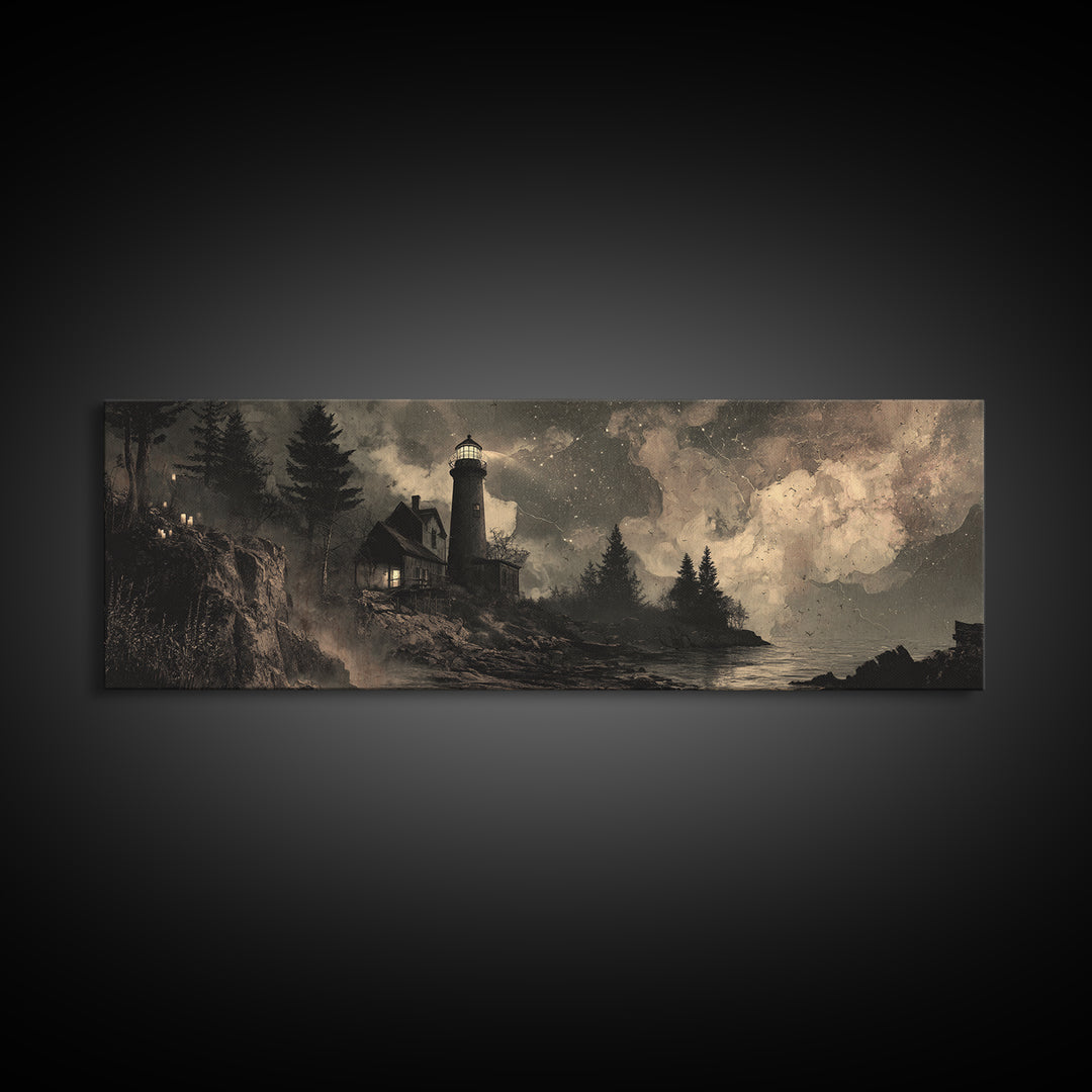 The Last Lighthouse Of Y’Ha-Nthlei, Occult Wall Decor, Extra Wide Wall Art, Framed Canvas Print, Halloween Home Decor, Gothic Wall Art