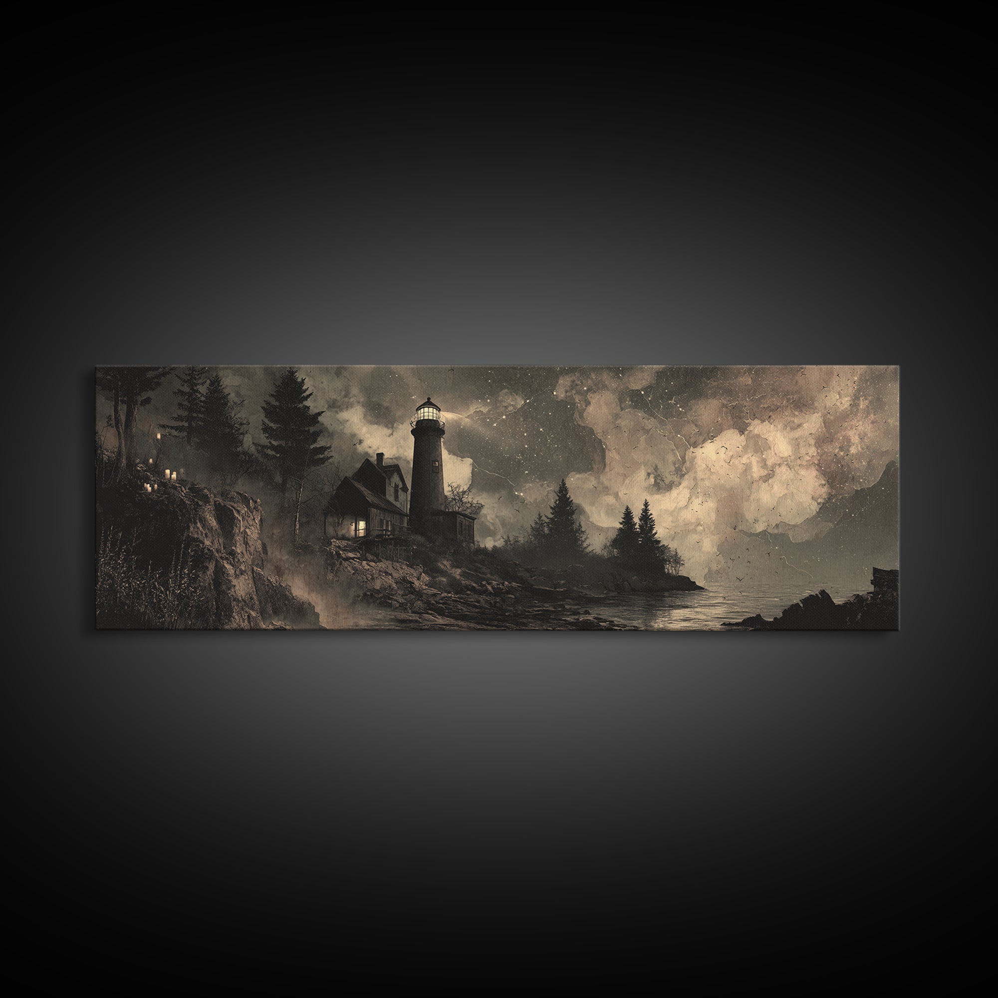 The Last Lighthouse Of Y’Ha-Nthlei, Occult Wall Decor, Extra Wide Wall Art, Framed Canvas Print, Halloween Home Decor, Gothic Wall Art