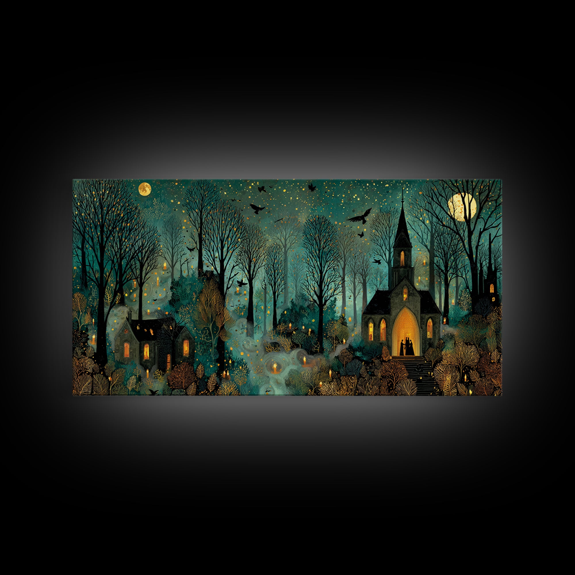 The Raven Sermon Of Leng, Halloween Wall Art, Wide Panoramic Art, Framed Canvas Print, Halloween Home Decor, Gothic Wall Art