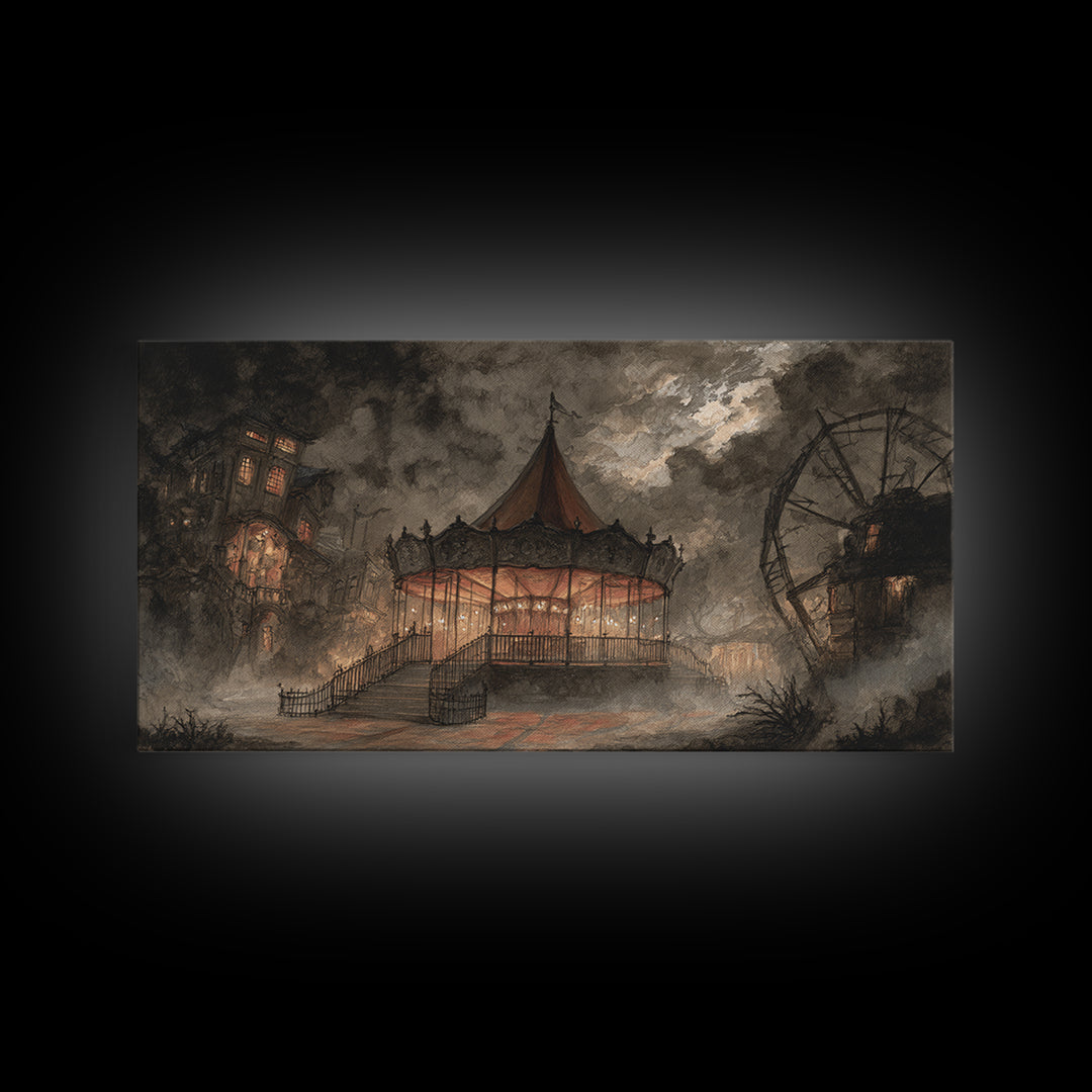 The Carousel Of Sleeping Planets, Macabre Halloween Art, Wide Panoramic Art, Framed Canvas Print, Halloween Home Decor, Gothic Wall Art