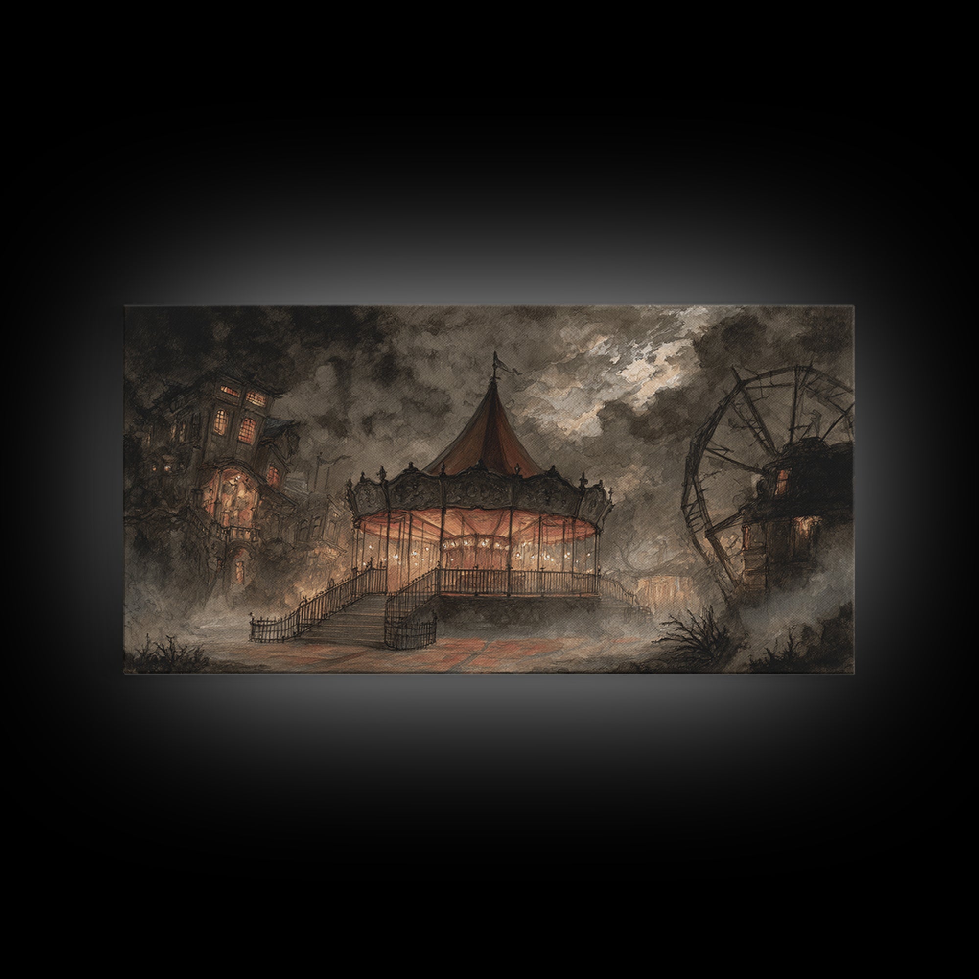 The Carousel Of Sleeping Planets, Macabre Halloween Art, Wide Panoramic Art, Framed Canvas Print, Halloween Home Decor, Gothic Wall Art