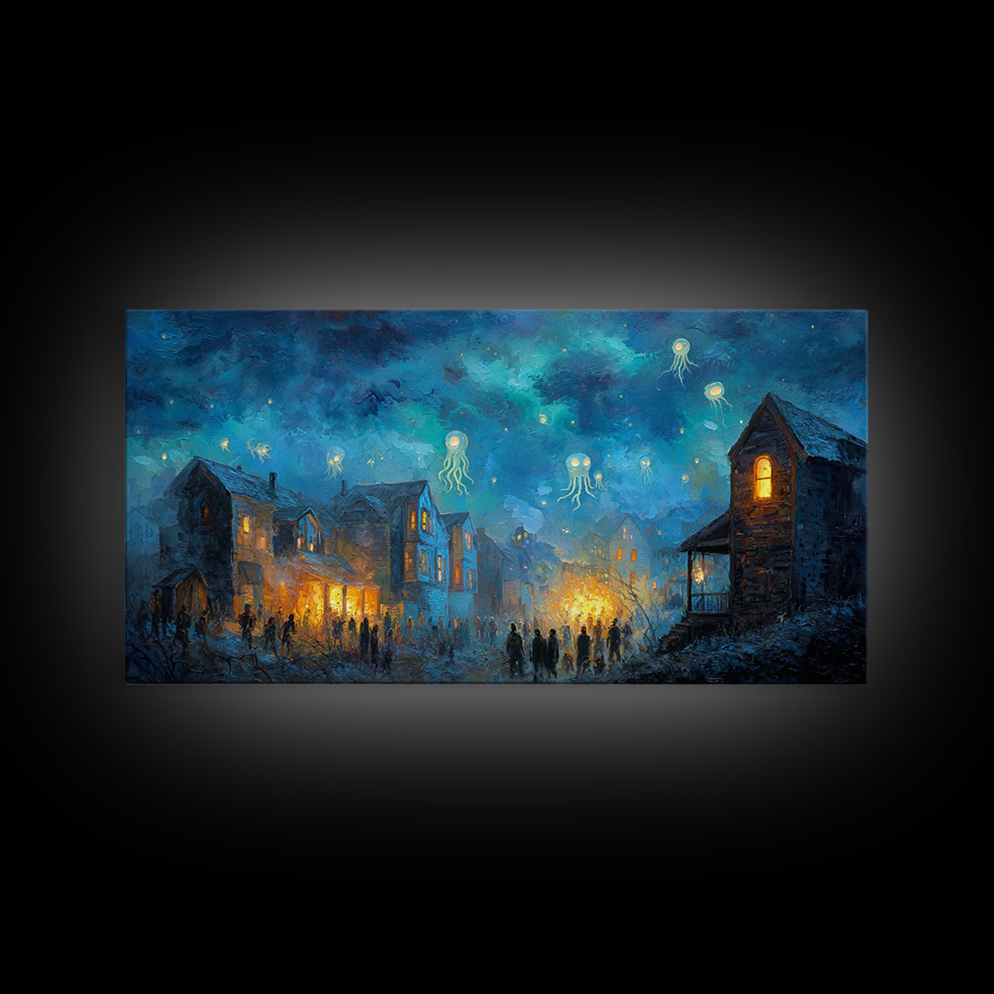 The Festival Of The Little Old Ones, Eldritch Wall Art, Wide Panoramic Art, Canvas Print, Halloween Home Decor, Gothic Wall Art
