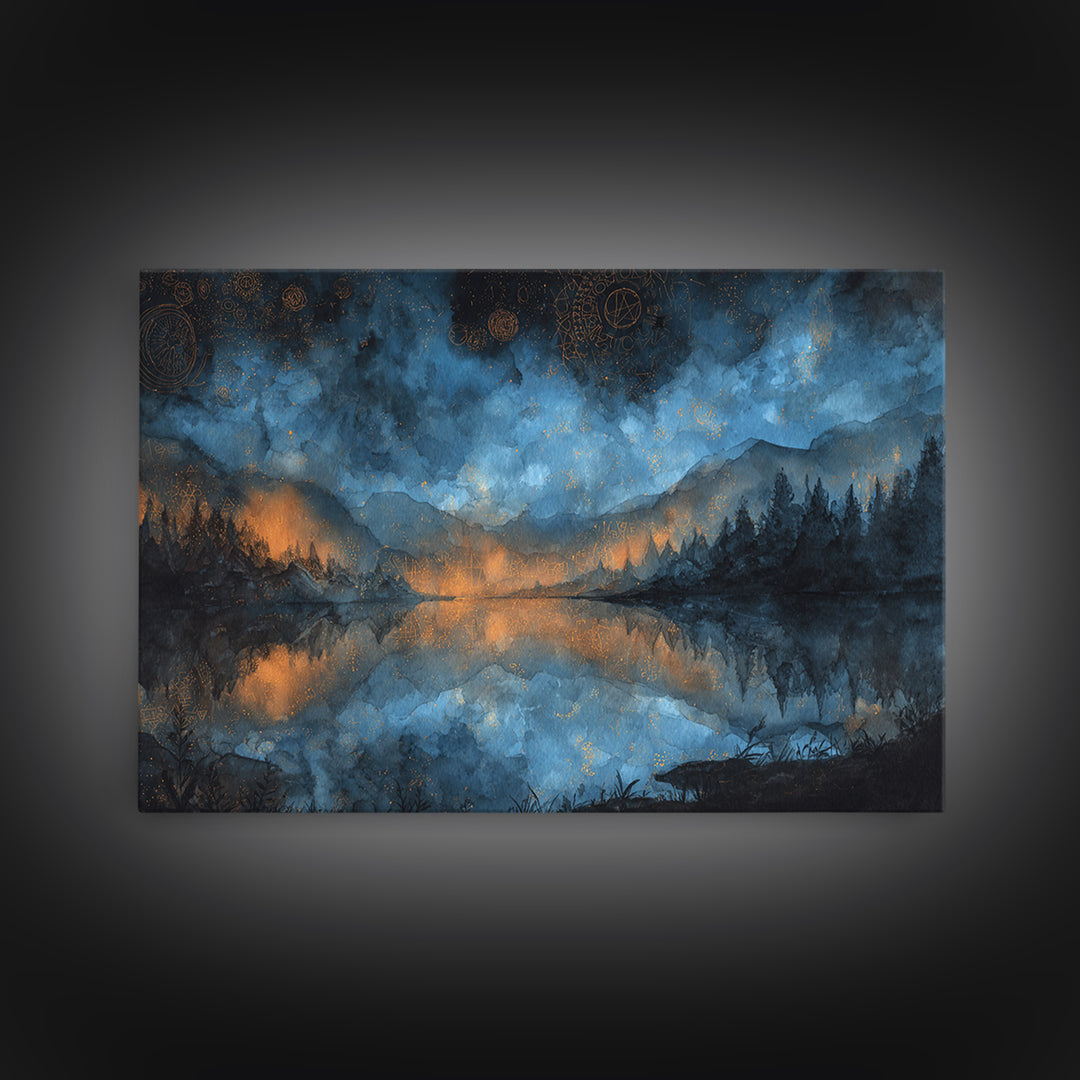 The Mirror Lake Of Lost Constellations, Cosmic Horror Decor, Landscape Wall Art, Framed Canvas Print, Halloween Home Decor, Gothic Wall Art