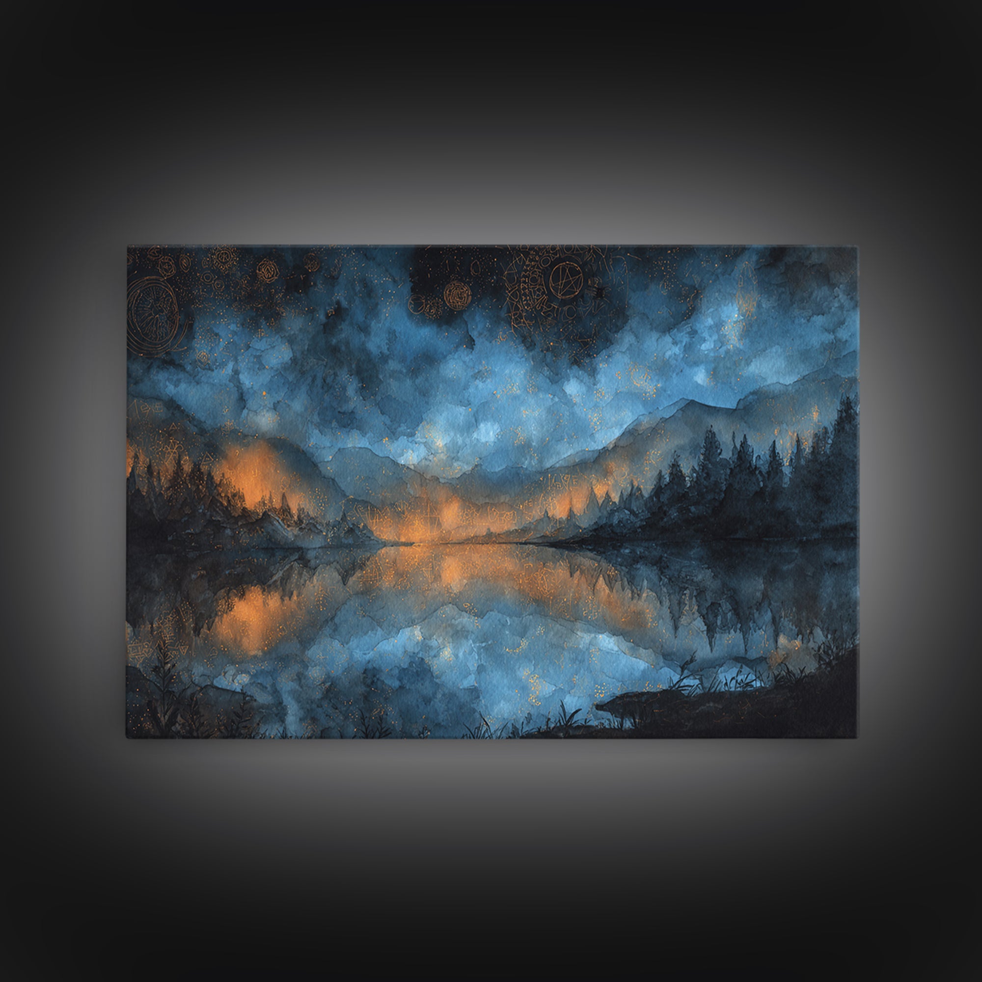 The Mirror Lake Of Lost Constellations, Cosmic Horror Decor, Landscape Wall Art, Framed Canvas Print, Halloween Home Decor, Gothic Wall Art