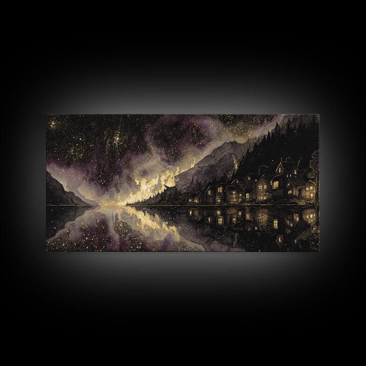 The Mirror Lake Of Lost Constellations, Macabre Halloween Art, Wide Panoramic Art, Canvas Print, Halloween Home Decor, Gothic Wall Art