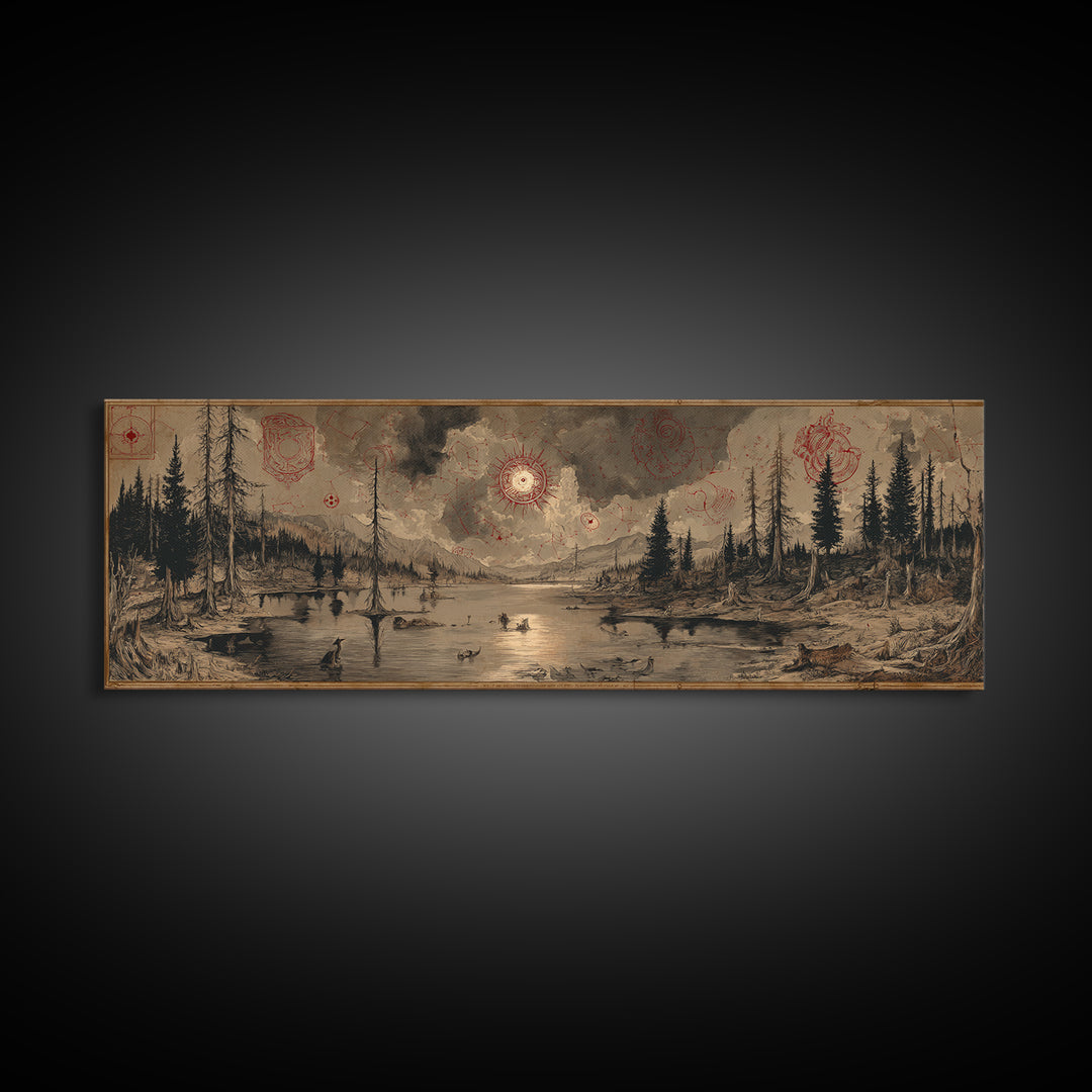 The Mirror Lake Of Lost Constellations, Occult Wall Decor, Extra Wide Wall Art, Framed Canvas Print, Halloween Home Decor, Gothic Wall Art